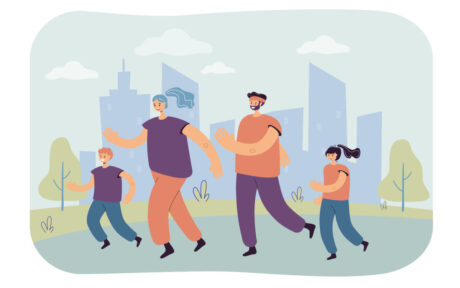 Family couple with kids jogging in city park